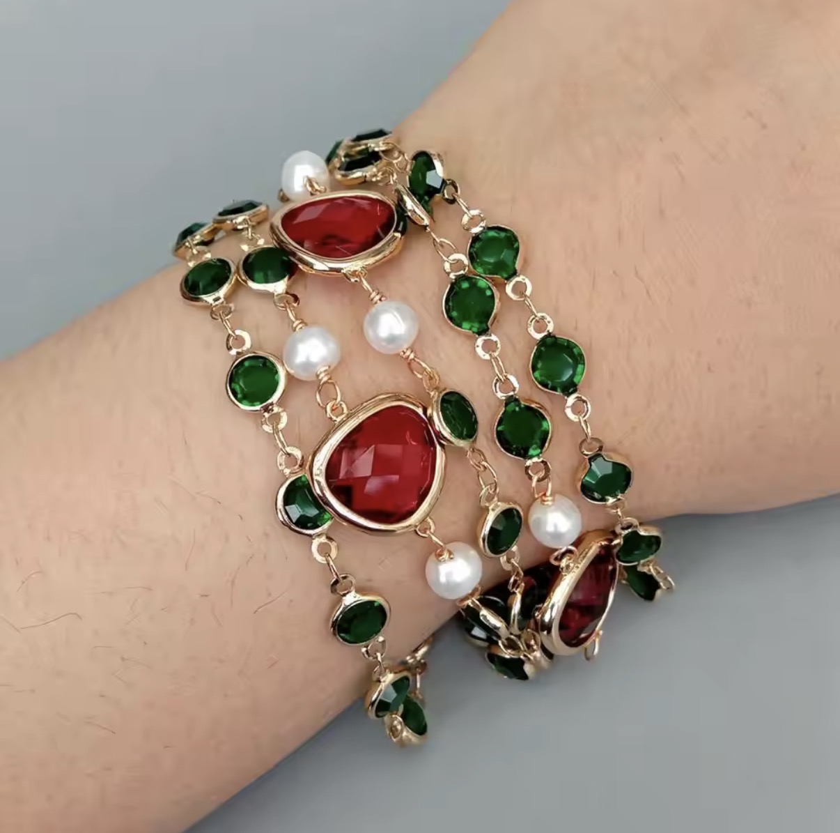Emerald & Ruby Gemstone Pearl Layered Bracelet