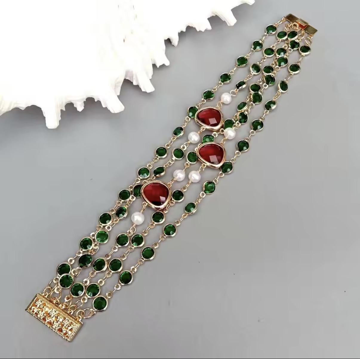 Emerald & Ruby Gemstone Pearl Layered Bracelet