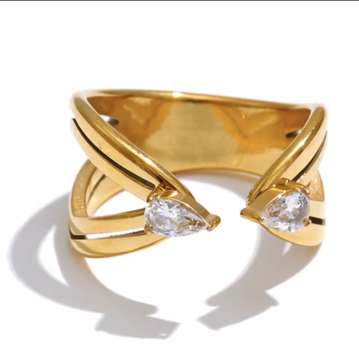 Dual Pear-Cut Crystal Open Gold Ring