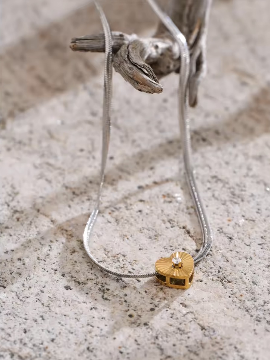 Two-Tone Heart Pendant Snake Chain Necklace