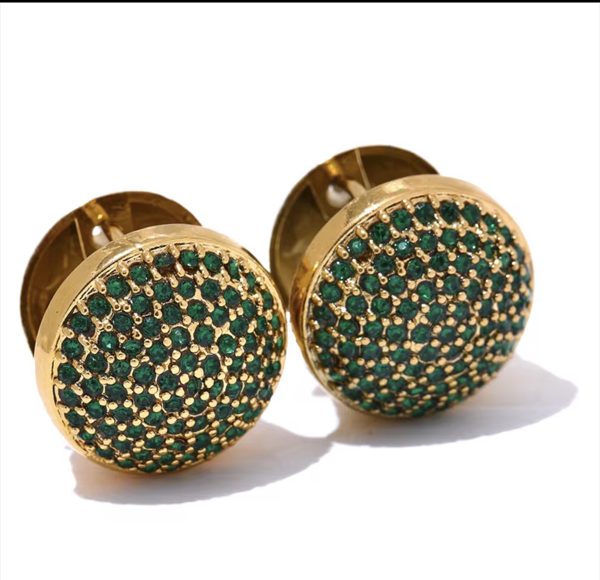 Emerald Pave Round Gold Stud Earrings