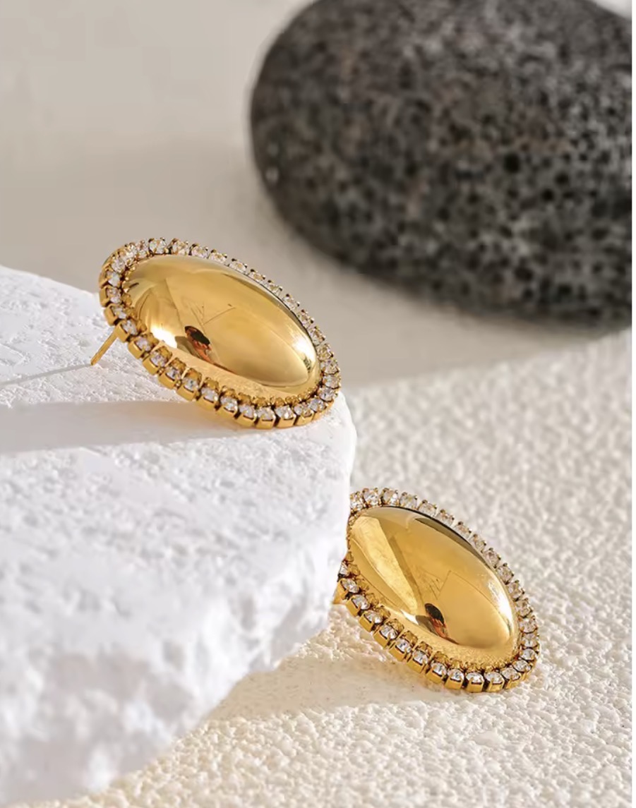 Oval Gold Dome Crystal Stud Earrings