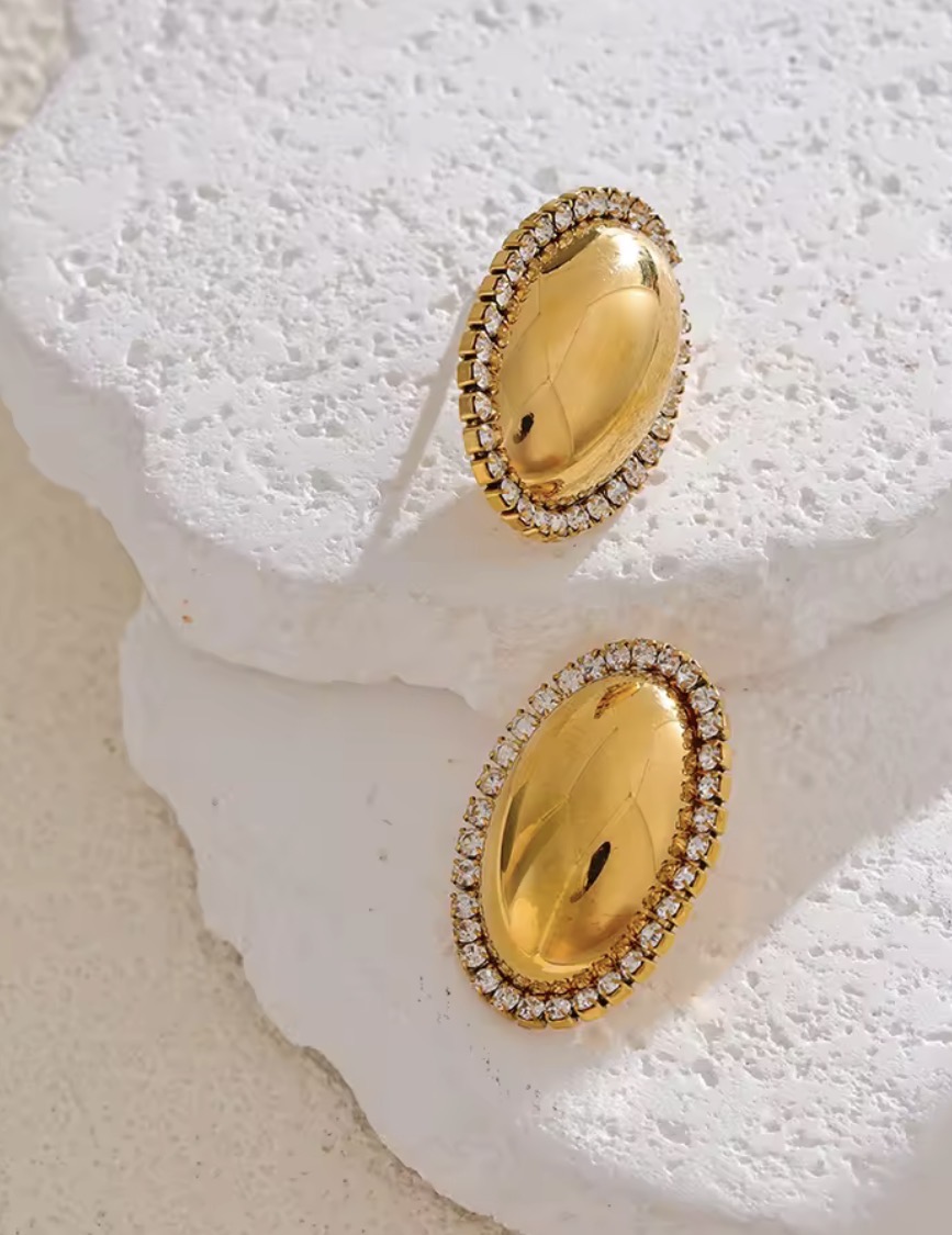 Oval Gold Dome Crystal Stud Earrings