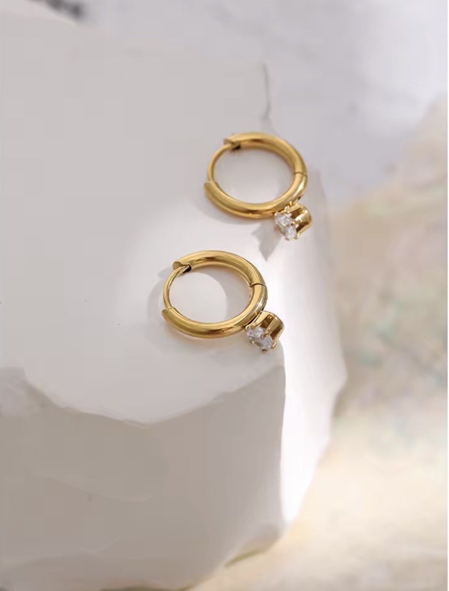 Crystal Solitaire Gold Huggie Earrings