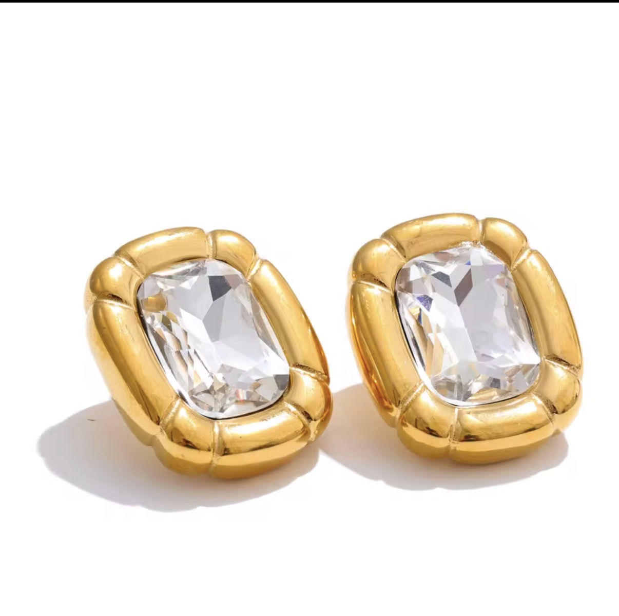 Emerald-Cut Crystal Chunky Gold Stud Earrings