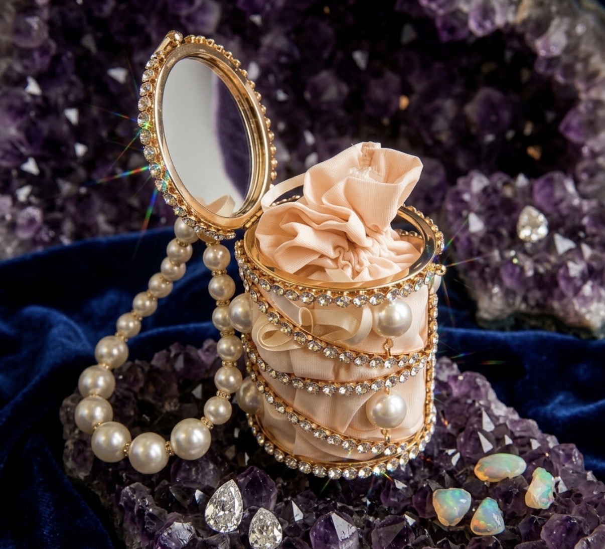Pearl & Rhinestone Cylinder Bucket Clutch with Mirror Lid