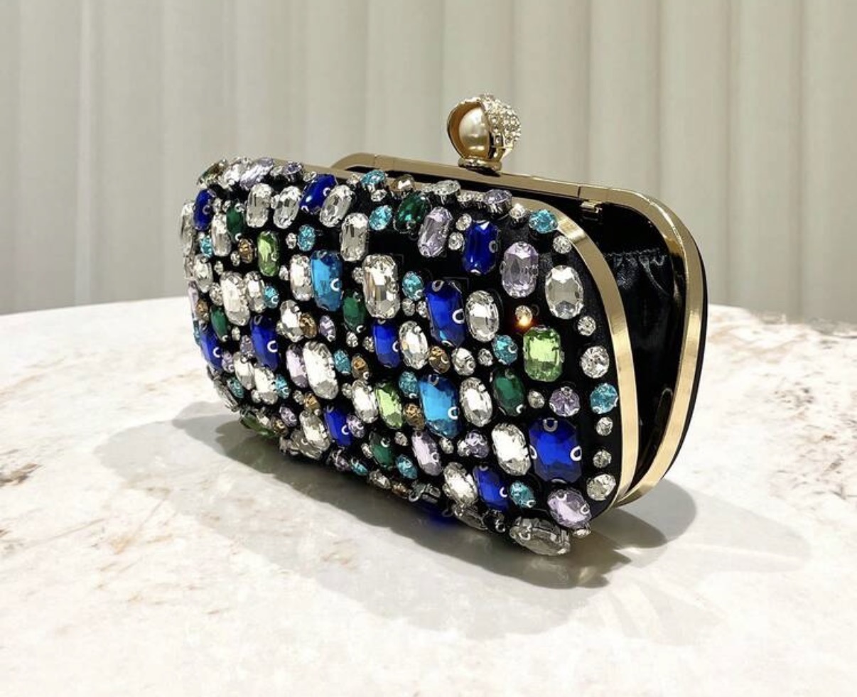 Multicolor Crystal Encrusted Evening Box Clutch