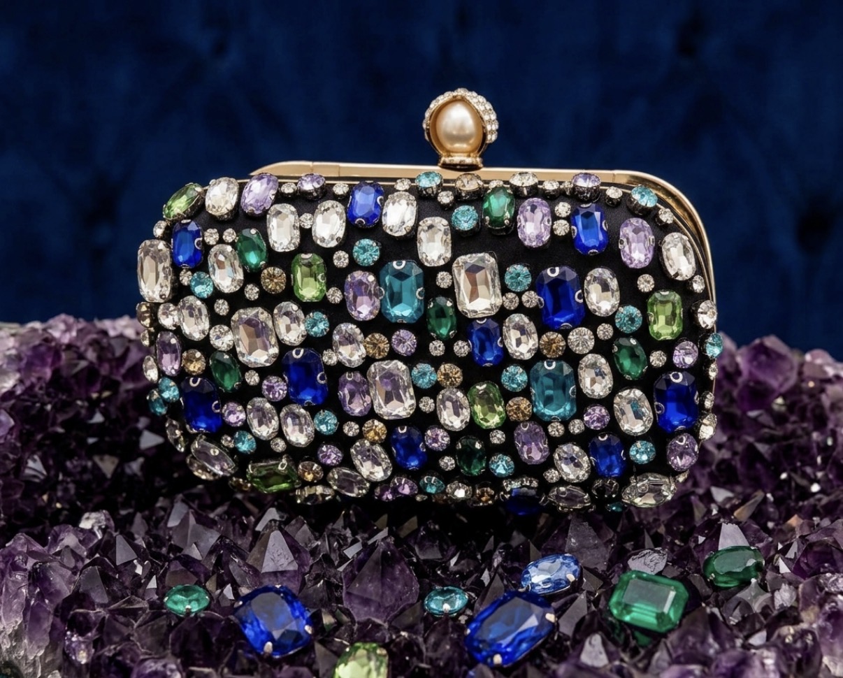 Multicolor Crystal Encrusted Evening Box Clutch