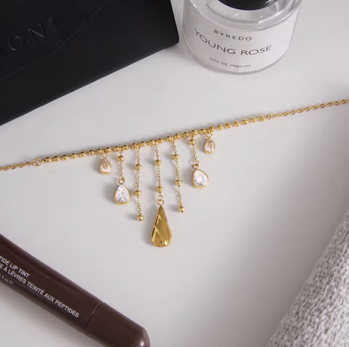 Cascading Crystal Teardrop Gold Necklace