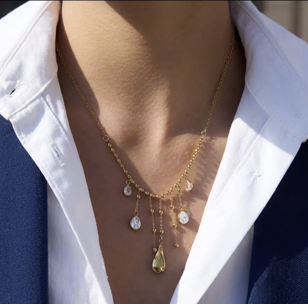 Cascading Crystal Teardrop Gold Necklace