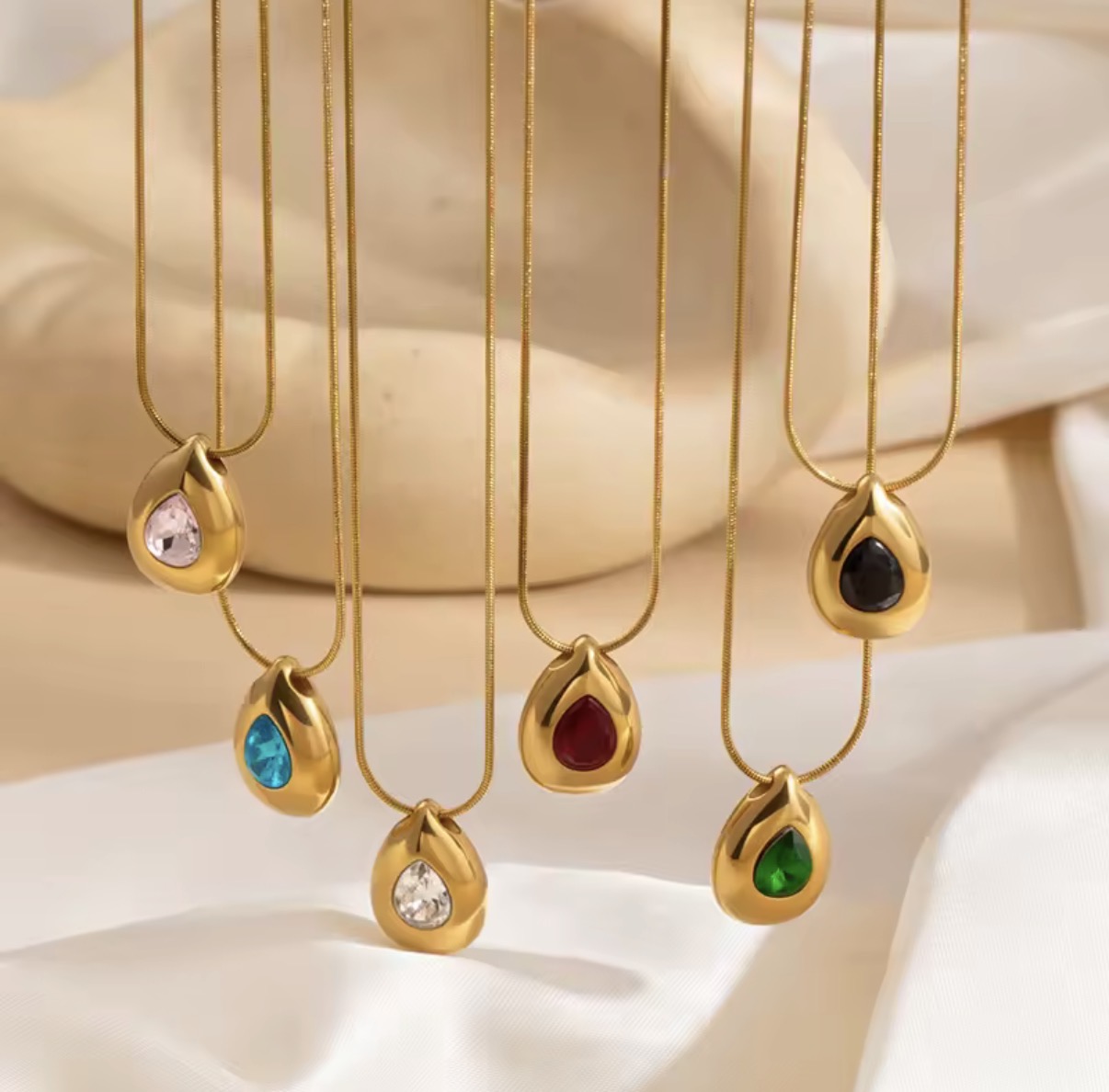 Teardrop Gemstone Gold Snake Chain Pendant Necklace