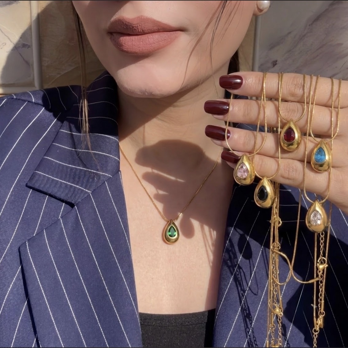 Teardrop Gemstone Gold Snake Chain Pendant Necklace