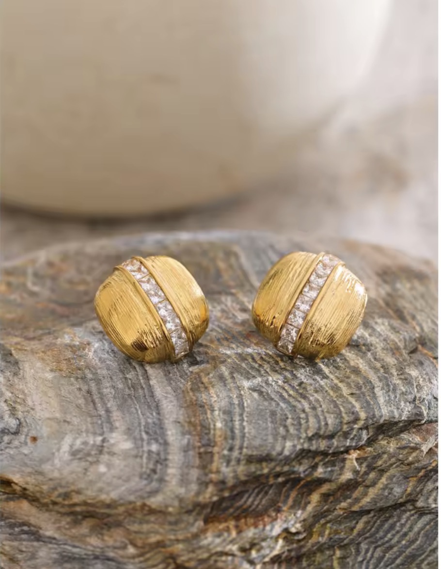 Textured Gold Channel-Set Crystal Dome Stud Earrings
