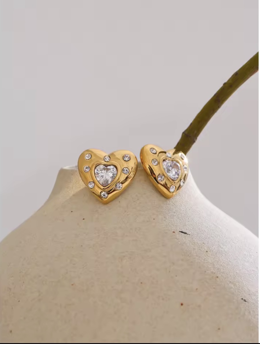 Crystal-Encrusted Gold Heart Stud Earrings