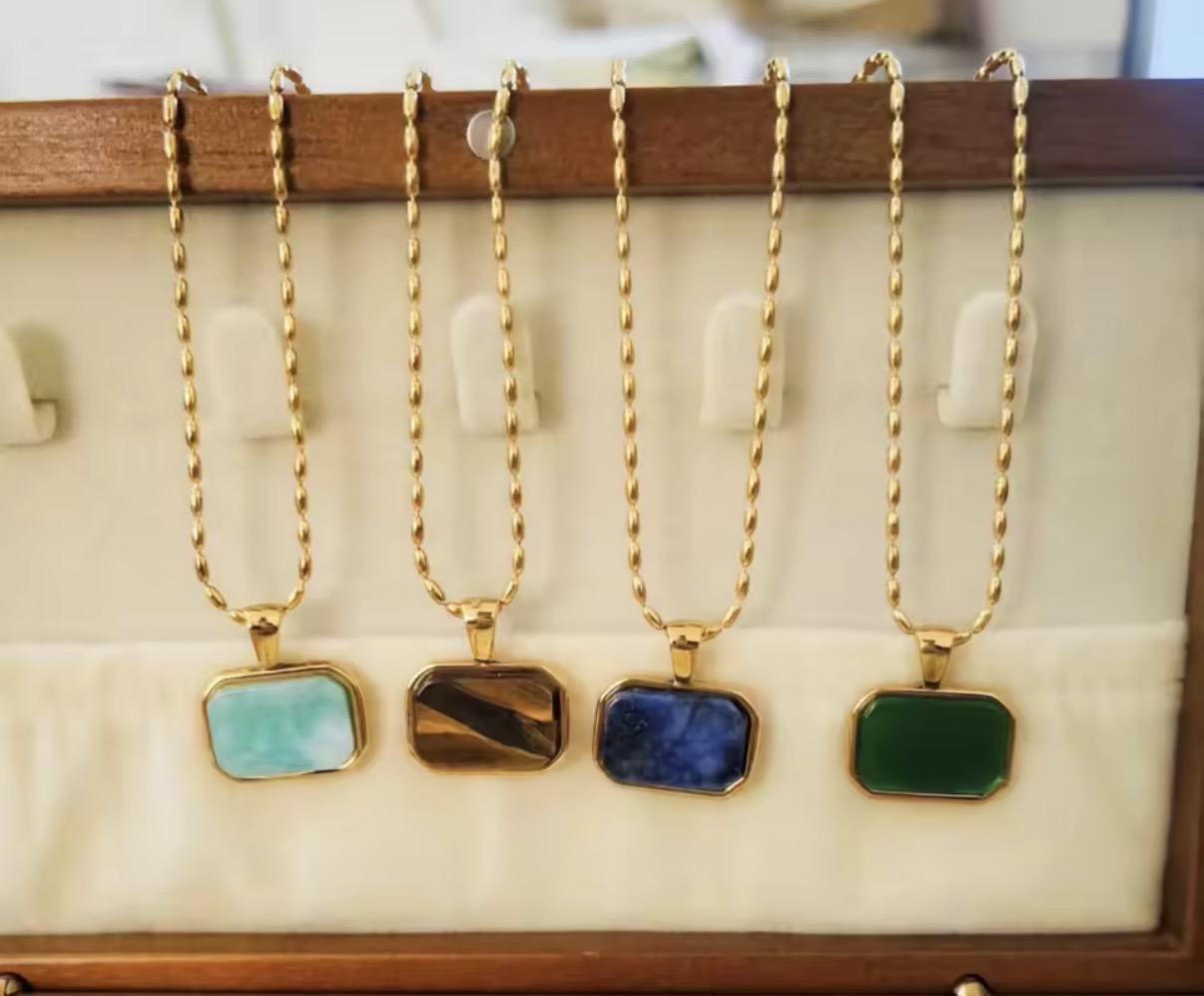 Natural Stone Rectangular Gold Pendant Necklace