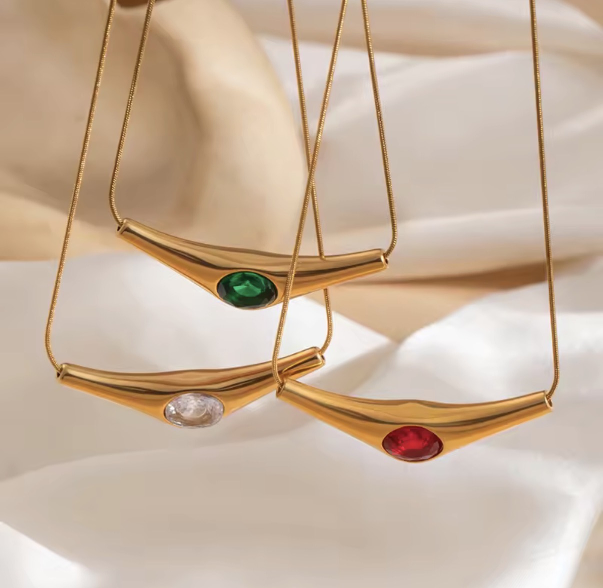 Curved Bar Gemstone Gold Snake Chain Necklace