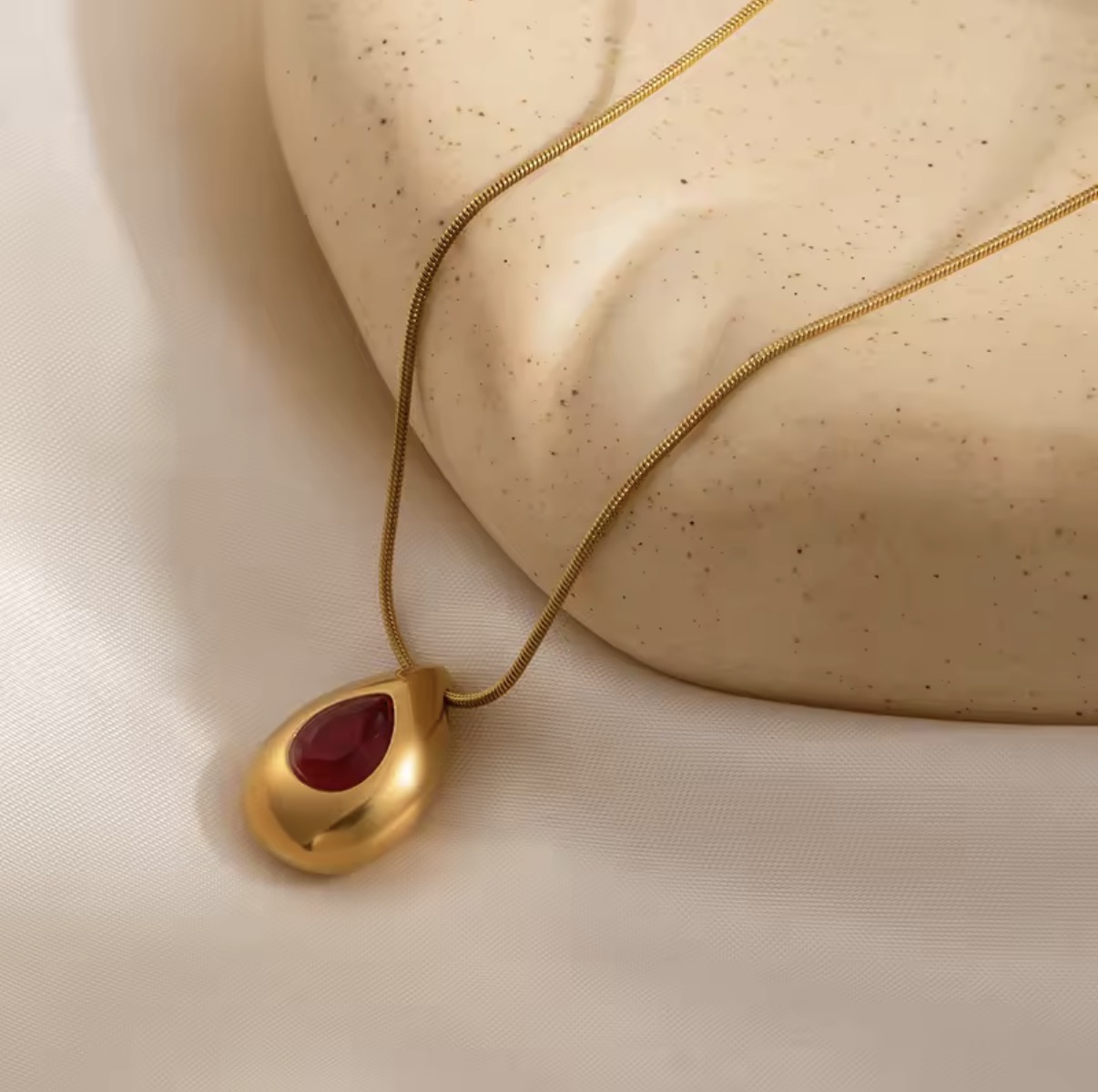 Ruby Teardrop Gold Snake Chain Pendant Necklace