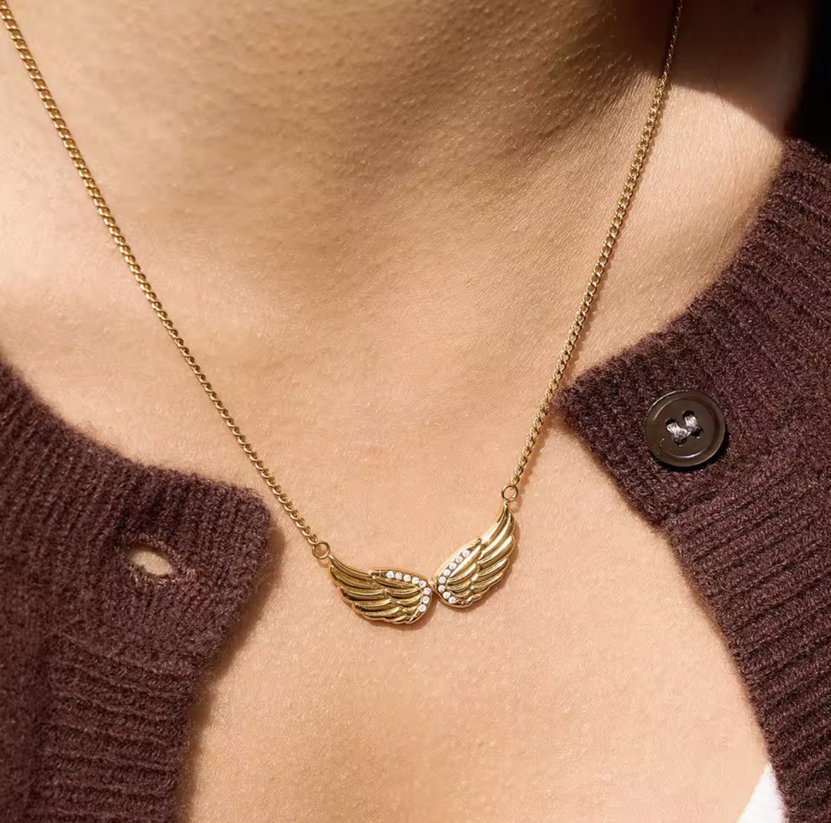 Crystal-Paved Angel Wings Gold Pendant Necklace