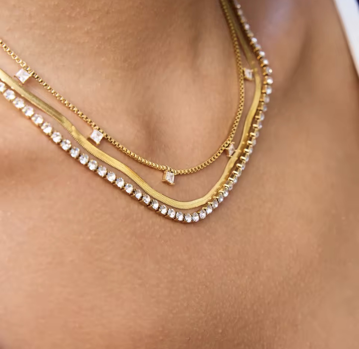 Multi-Strand Layered Gold & Crystal Tennis Necklace