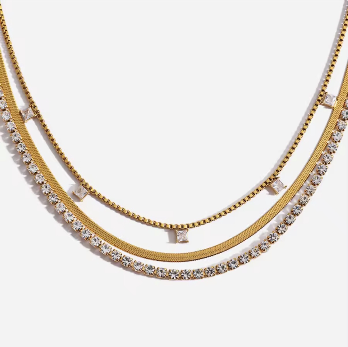 Multi-Strand Layered Gold & Crystal Tennis Necklace