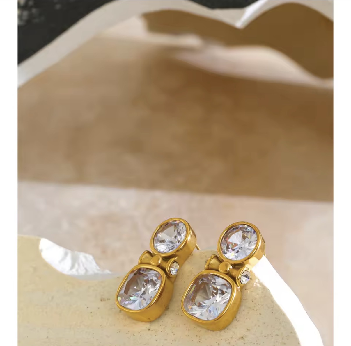Double-Stone Bezel-Set Crystal Gold Drop Earrings