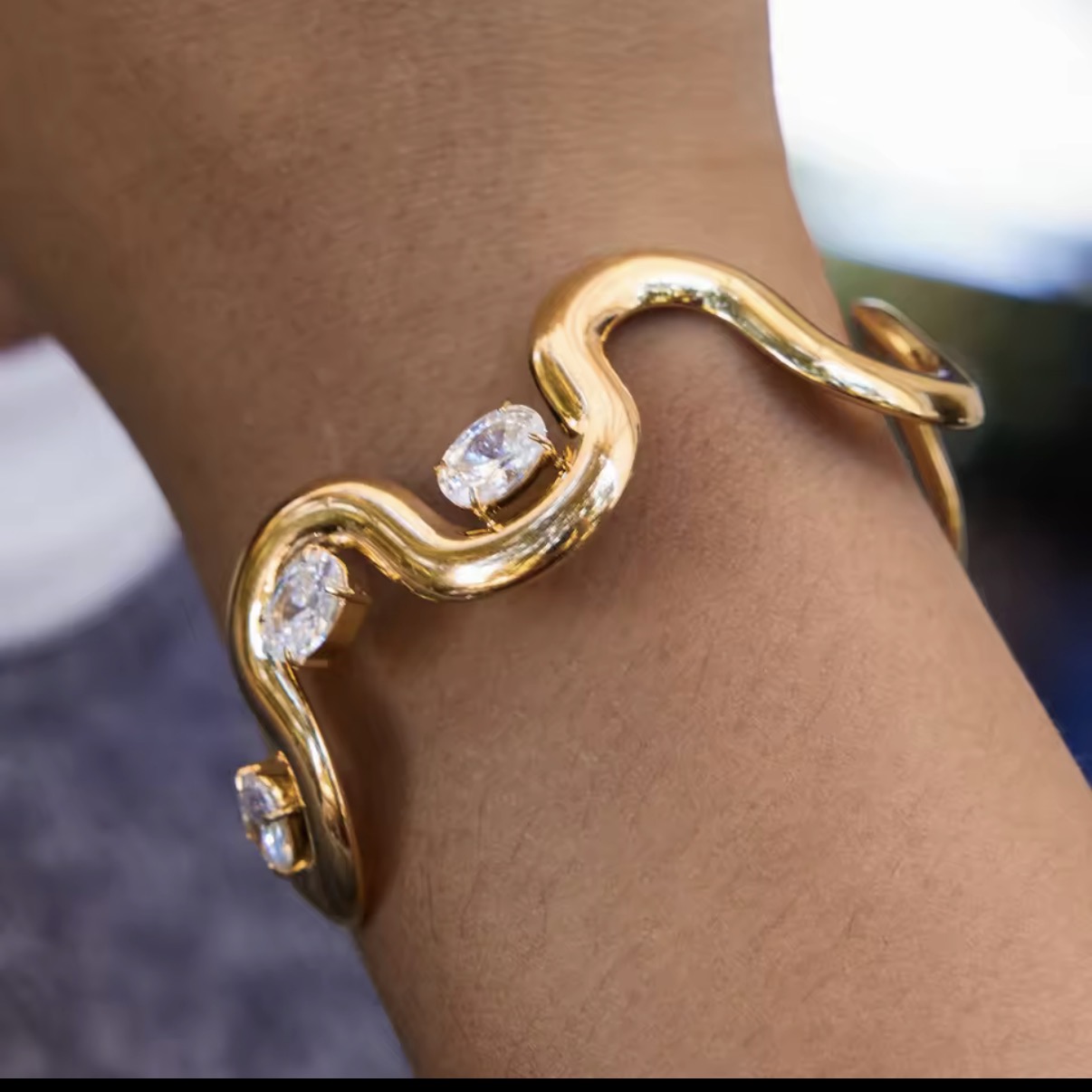 Organic Wavy Crystal Gold Open Cuff Bangle