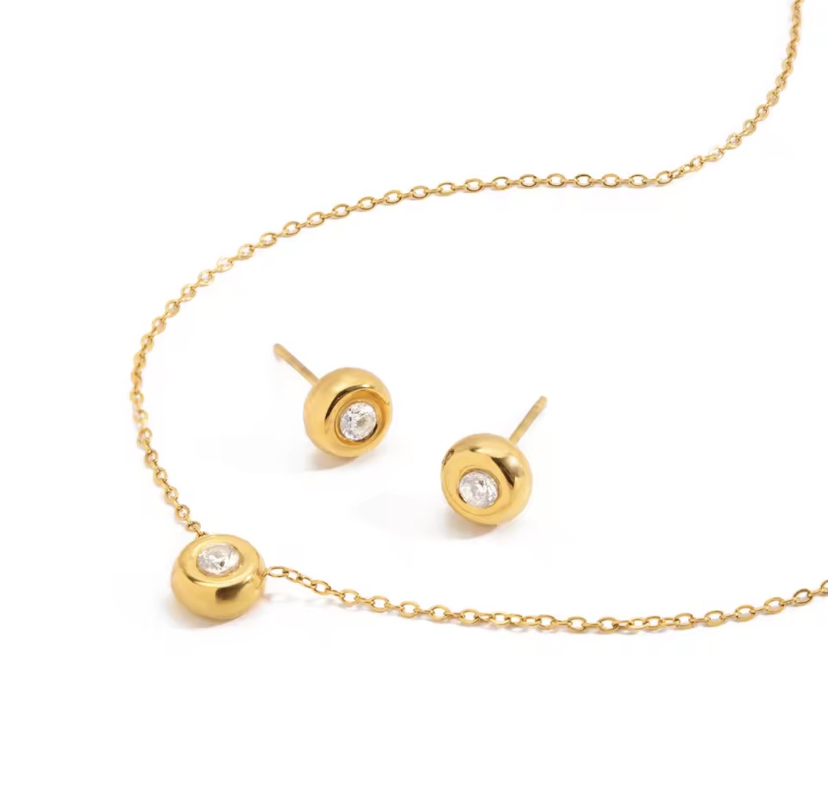 Bezel Solitaire Crystal Gold Pendant Necklace & Stud Earrings Jewelry Set