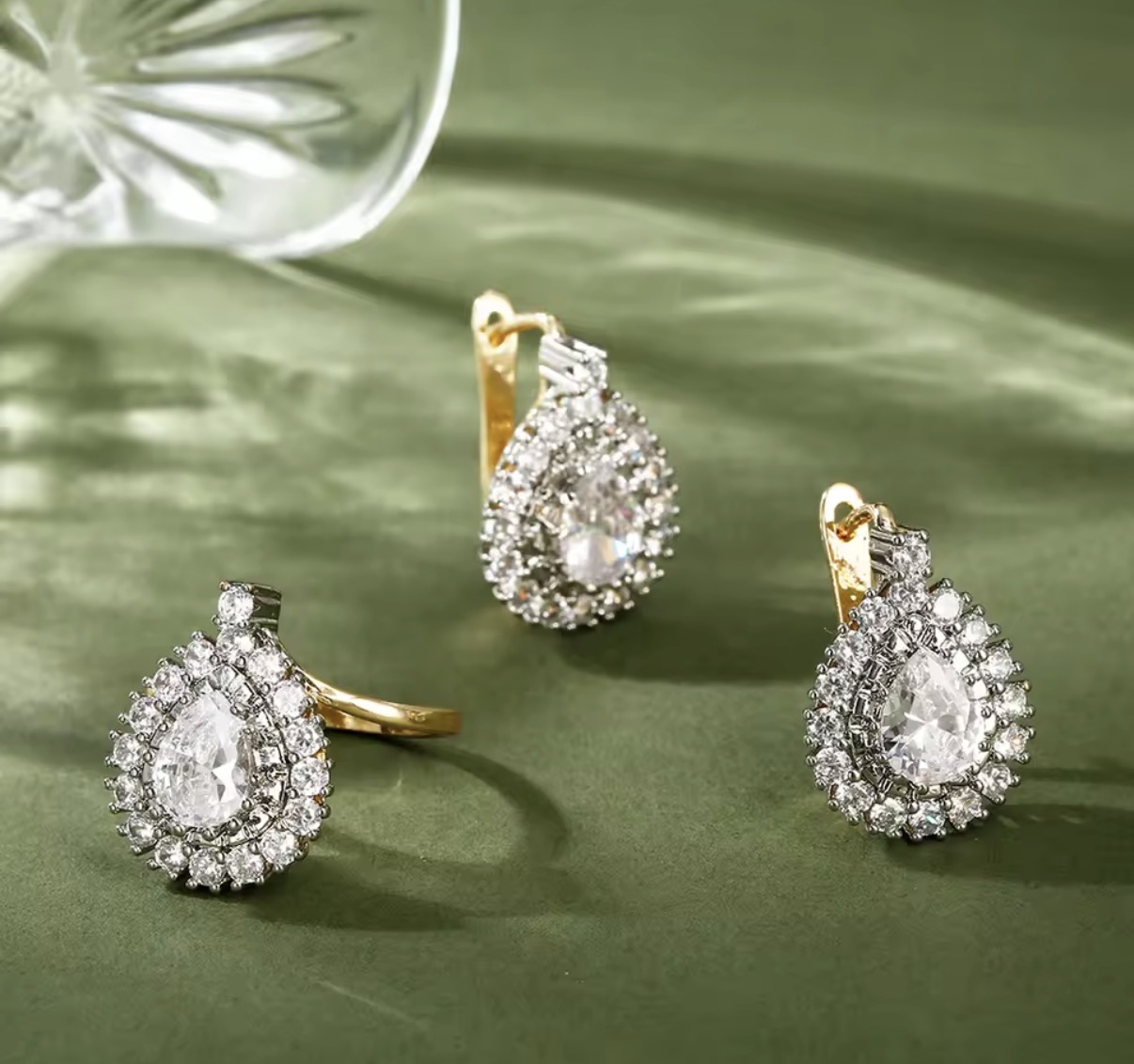 Pear-Cut Crystal Double-Halo Ring & Leverback Earrings Jewelry Set