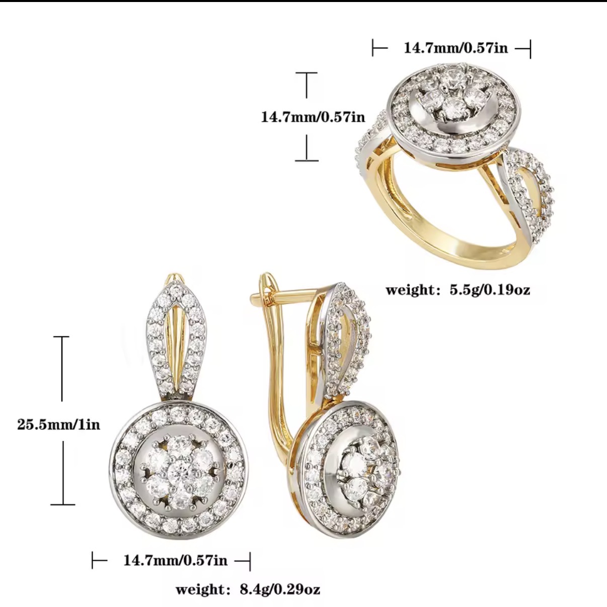 Two-Tone Round Cluster Crystal Ring & Leverback Earrings Jewelry Set