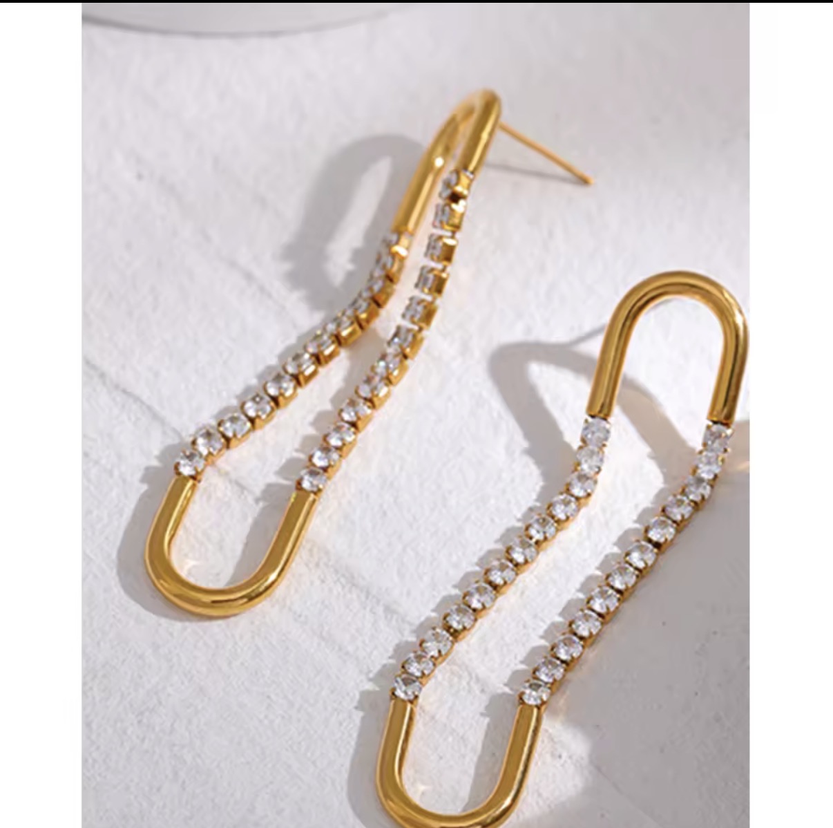 Curved Crystal Tennis Link Gold Drop Earrings