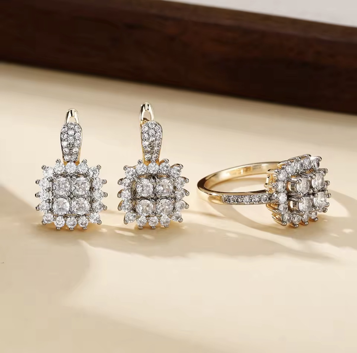 Square Cluster Crystal Gold Ring & Leverback Earrings Jewelry Set