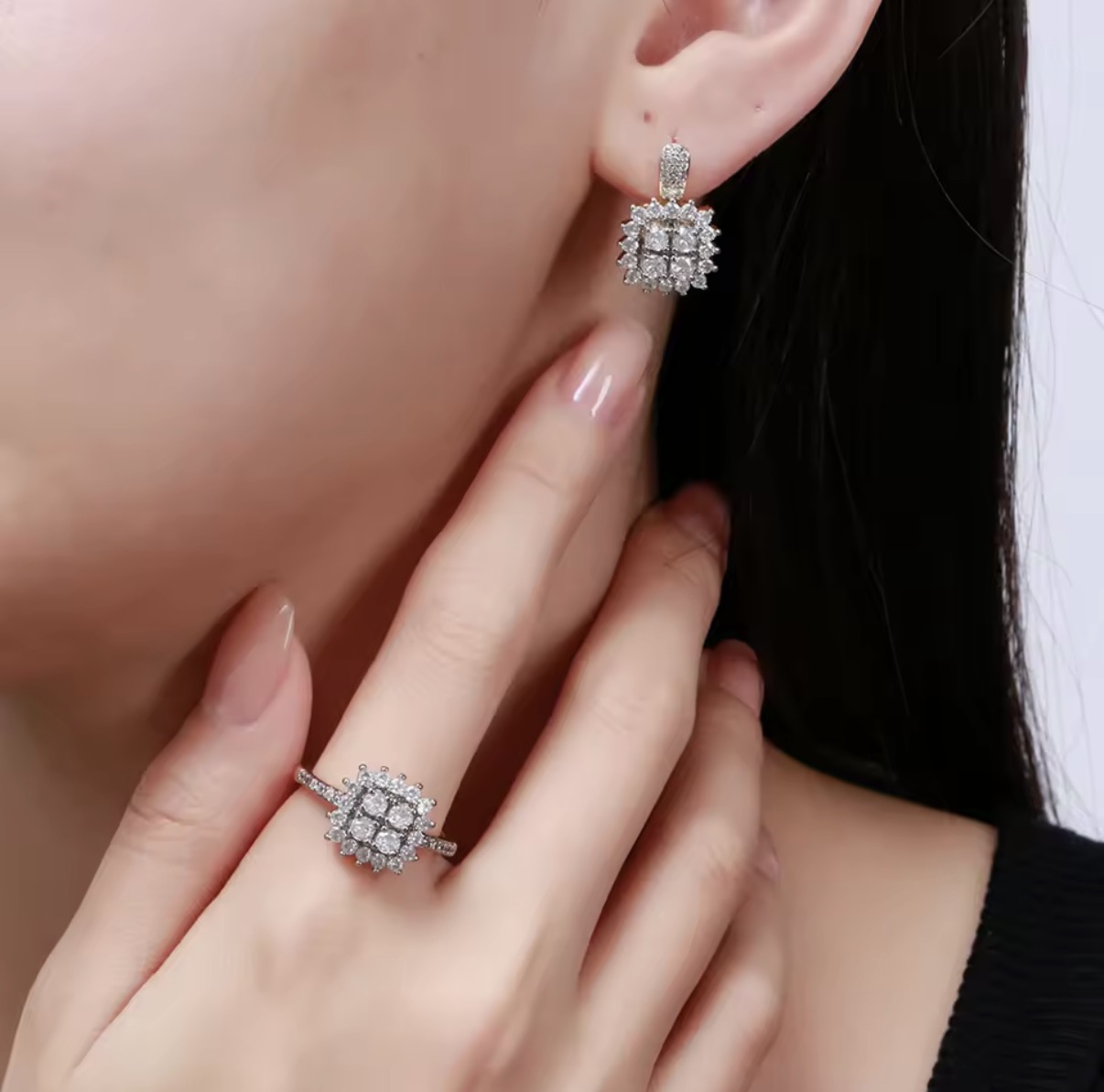 Square Cluster Crystal Gold Ring & Leverback Earrings Jewelry Set