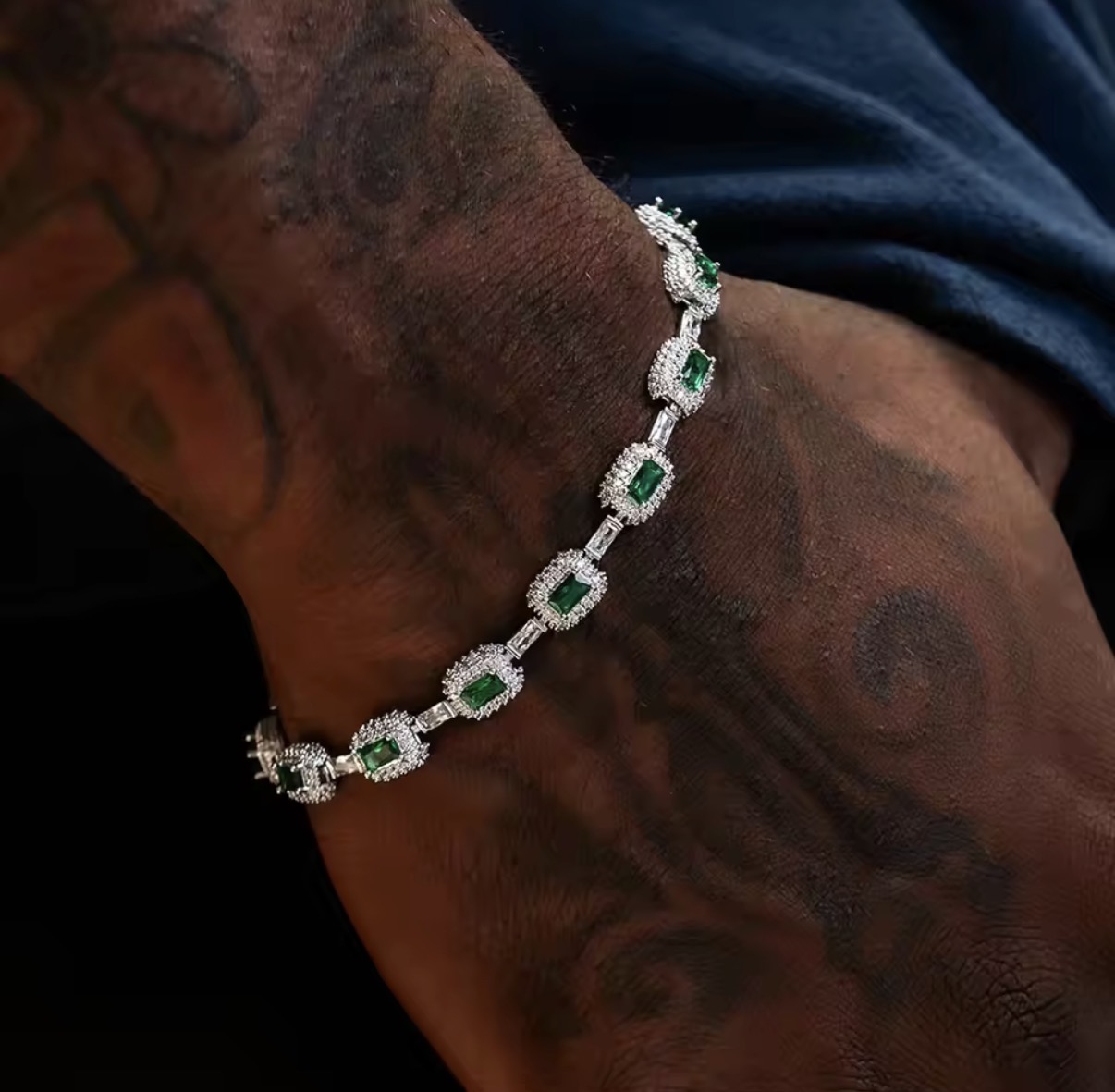 Emerald-Cut Green Gemstone Halo Tennis Bracelet