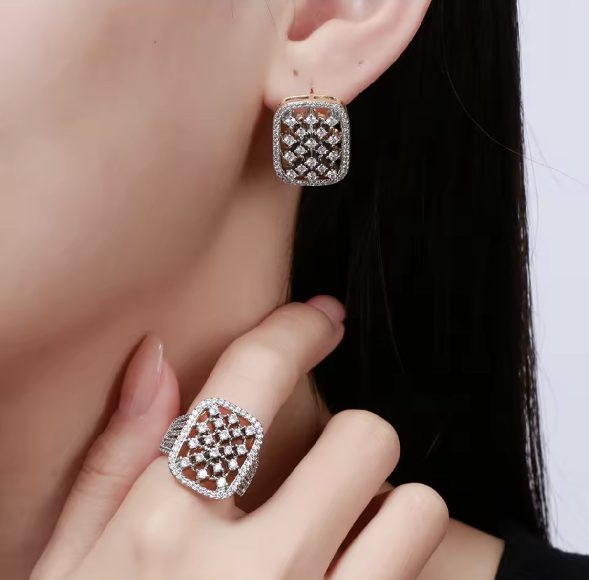 Lattice Pavé Diamond Cushion Ring & Clip-On Earrings Jewelry Set