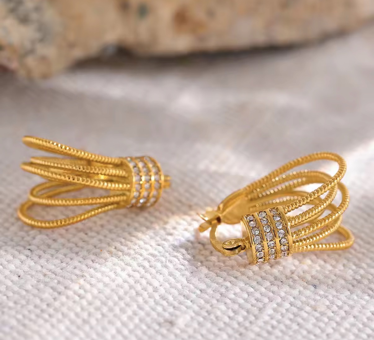 Multi-Strand Textured Gold Hoop Earrings with Pavé Crystal Band
