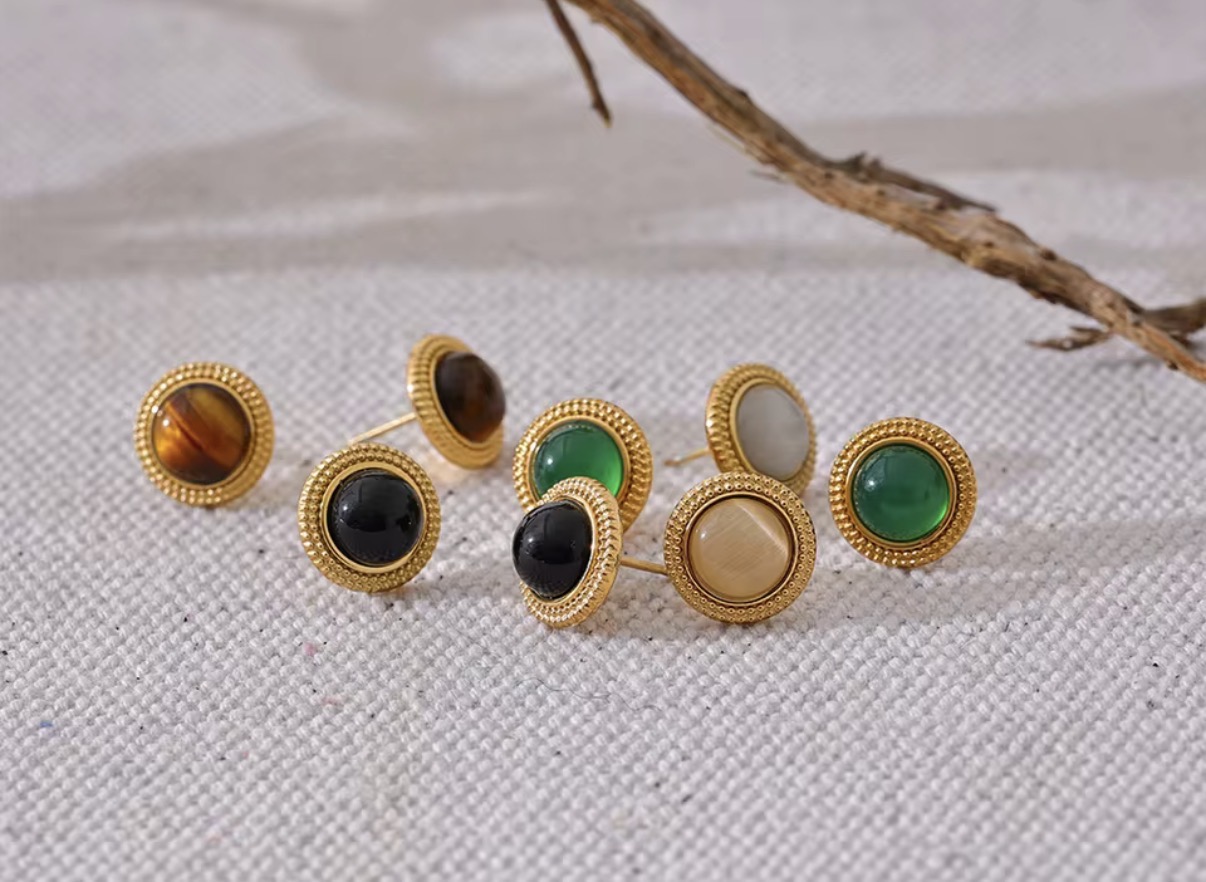 Vintage Beaded Round Natural Stone Gold Stud Earrings Collection