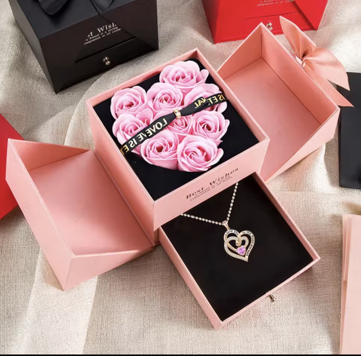 Preserved Pink Rose Heart Gift Box with Interlocking Heart Pendant Necklace