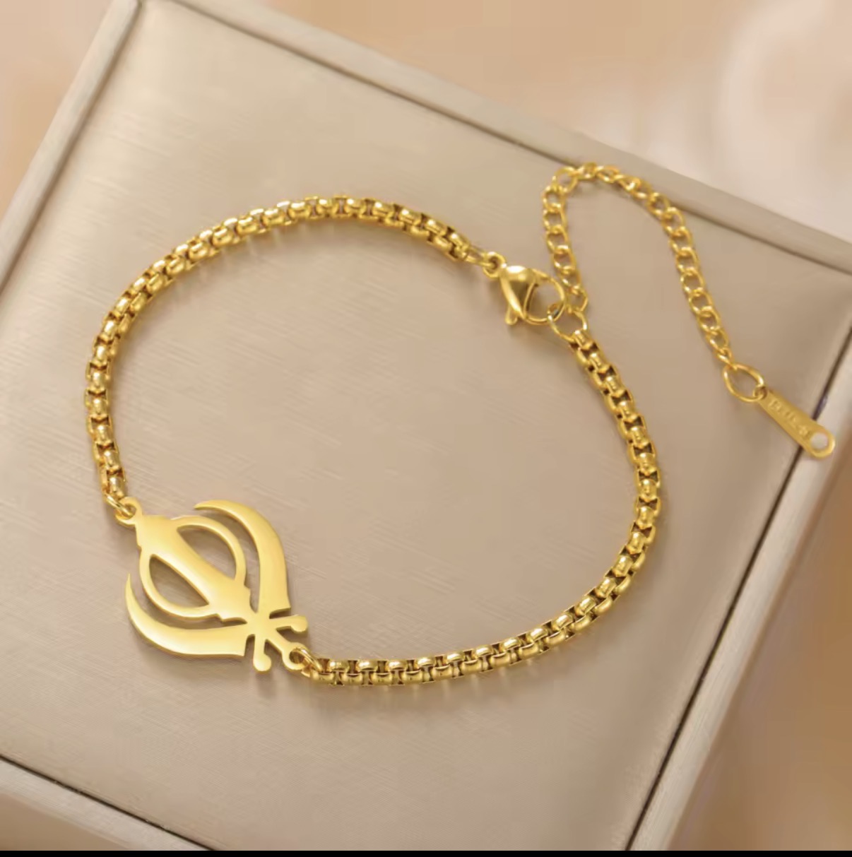 Gold Khanda Symbol Box Chain Charm Bracelet