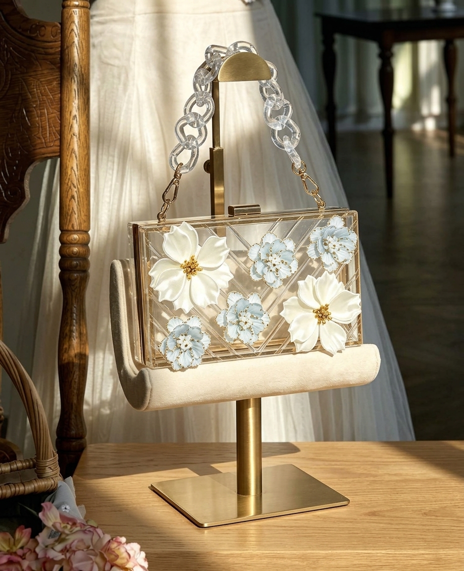 3D Floral Embellished Clear Acrylic Box Clutch
