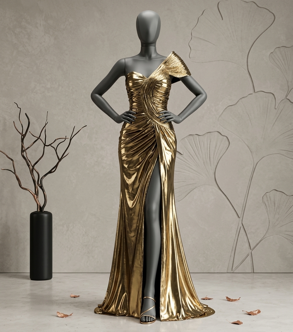 Sculptural Metallic Gold One-Shoulder Draped Evening Gown
