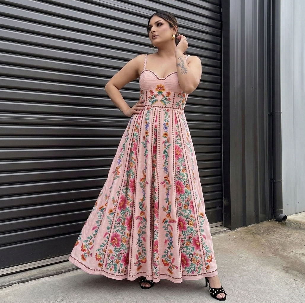 Embroidered Floral Linen Bustier Maxi Dress