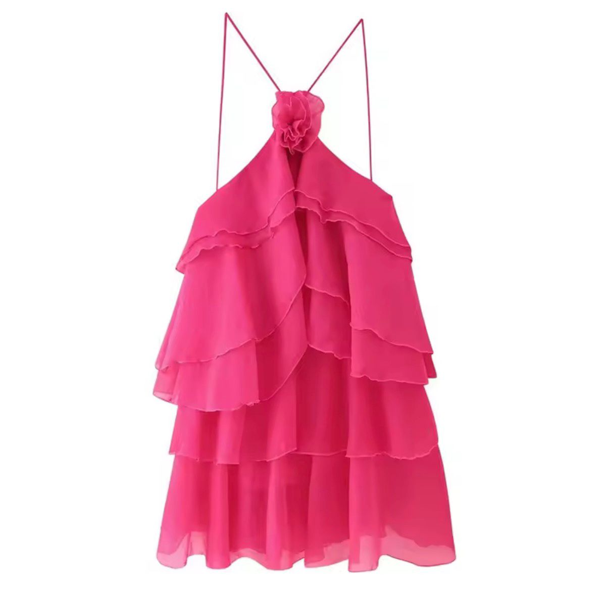 Rosette Halter Ruffled Chiffon Mini Dress