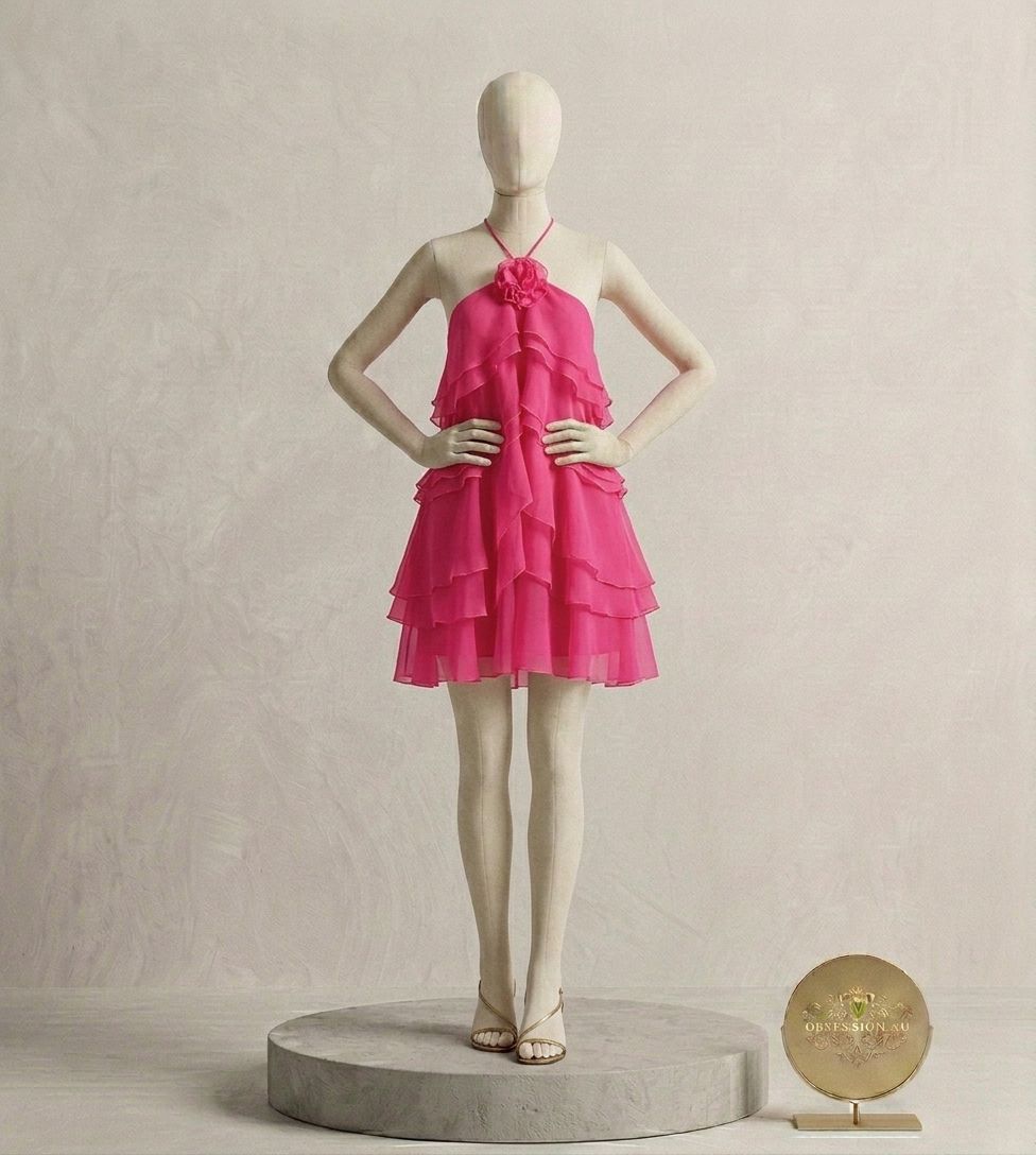 Rosette Halter Ruffled Chiffon Mini Dress