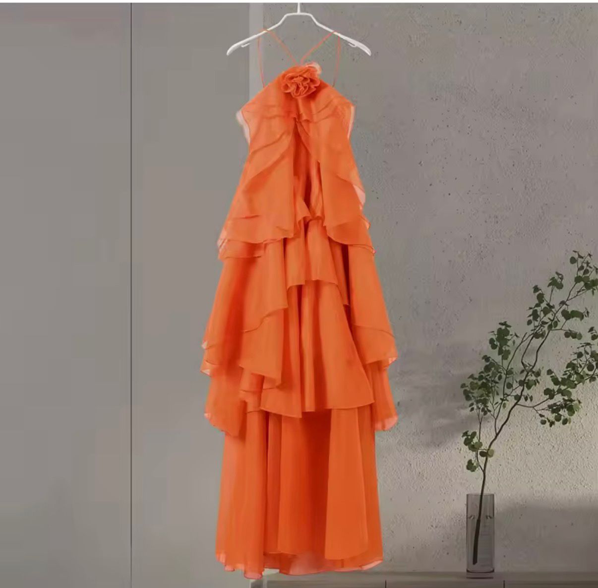 Tangerine Rosette Halter Tiered Chiffon Maxi Gown