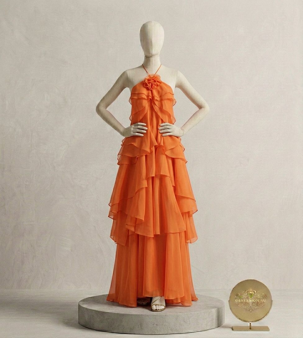 Tangerine Rosette Halter Tiered Chiffon Maxi Gown
