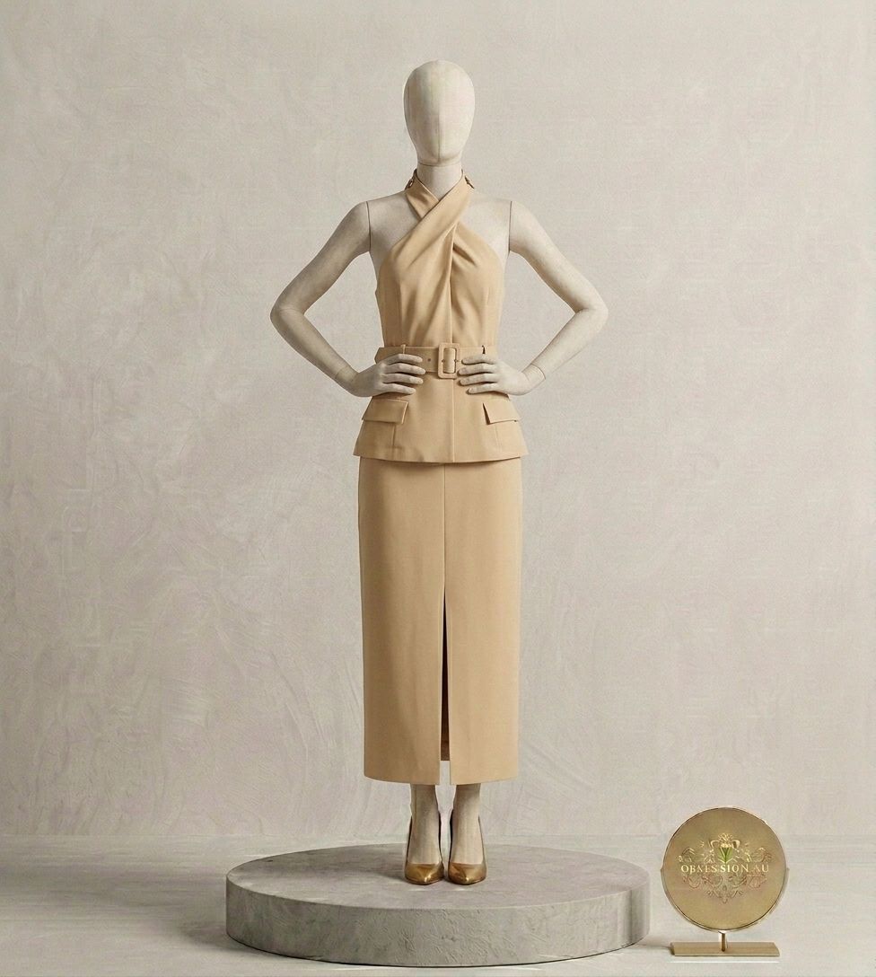 Tailored Halter Peplum Top & Midi Skirt Two-Piece Set