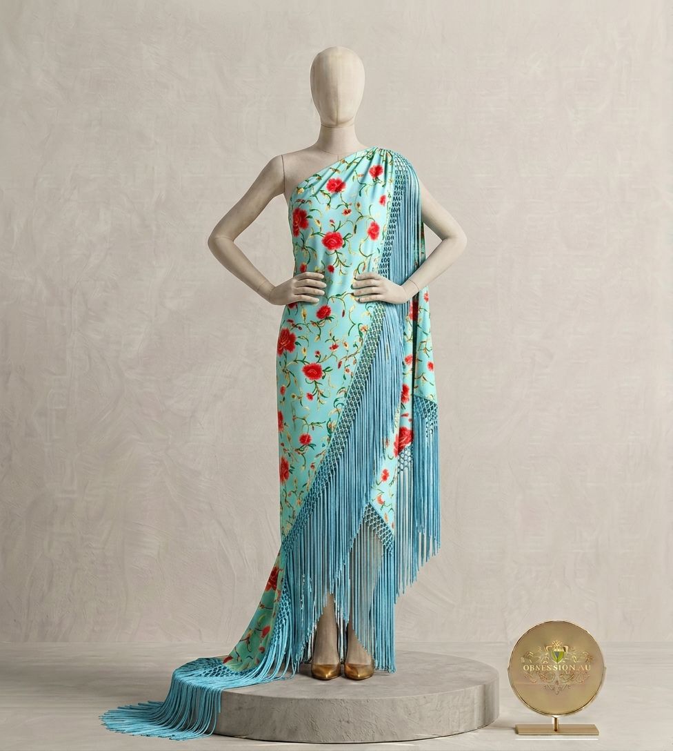 Floral Embroidered One-Shoulder Gown with Cascading Tassel Fringe