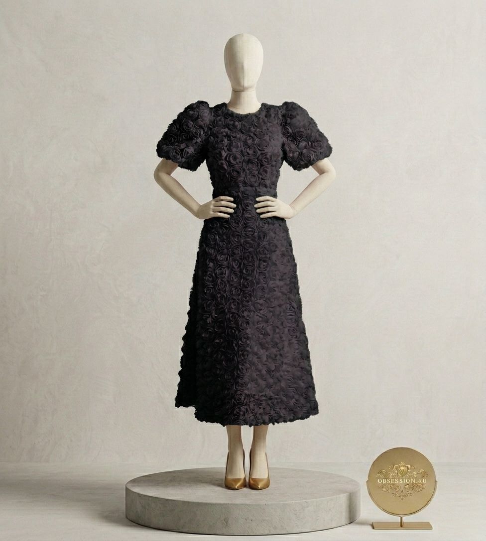 3D Rosette Textured Puff-Sleeve Midi Dress