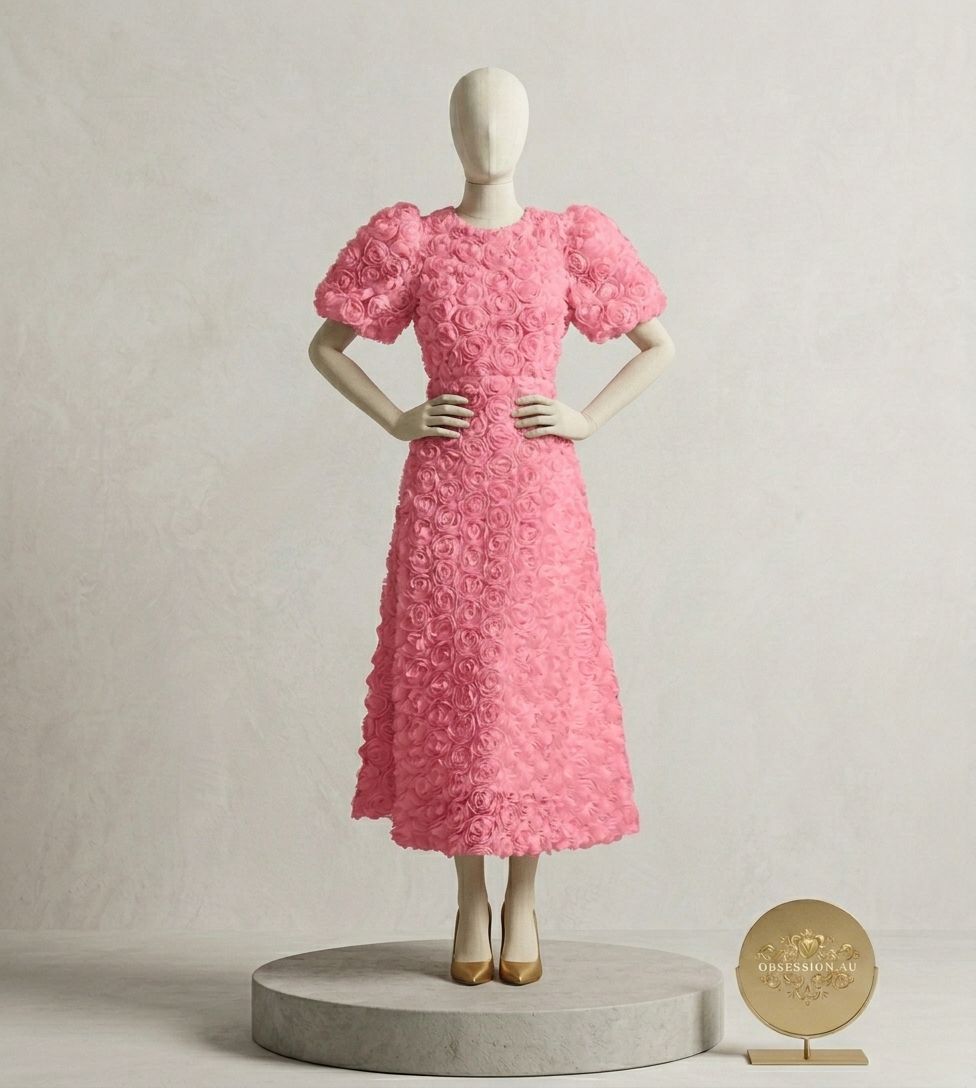3D Rosette Textured Puff-Sleeve Midi Dress