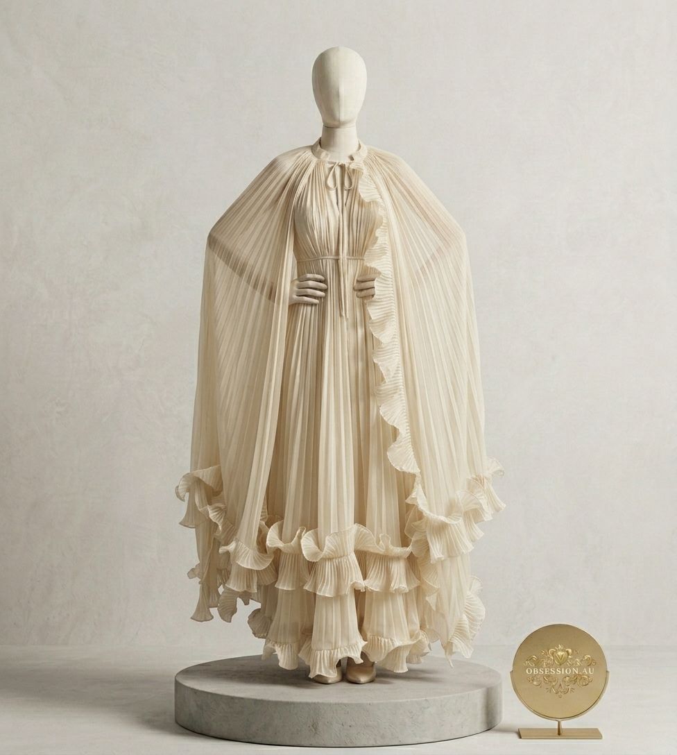 Pleated Chiffon Capelet Maxi Gown with Tiered Ruffles
